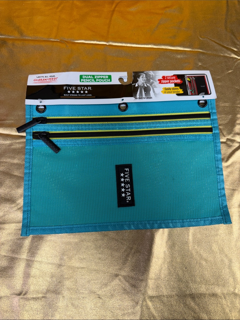 Five Star Teal Dual-Zipper Pencil Pouch with Yellow Accents